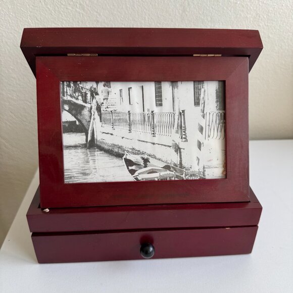 Vintage 1998 Rosewood Flip Top Photo Storage Box w/ 4x6 Frame - Picture 2 of 14